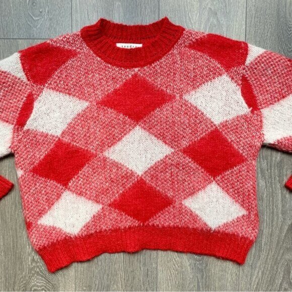Sandro Sparks Diamond Sweater Red Plaid Mohair Wool Size Small crew neck - Picture 7 of 12